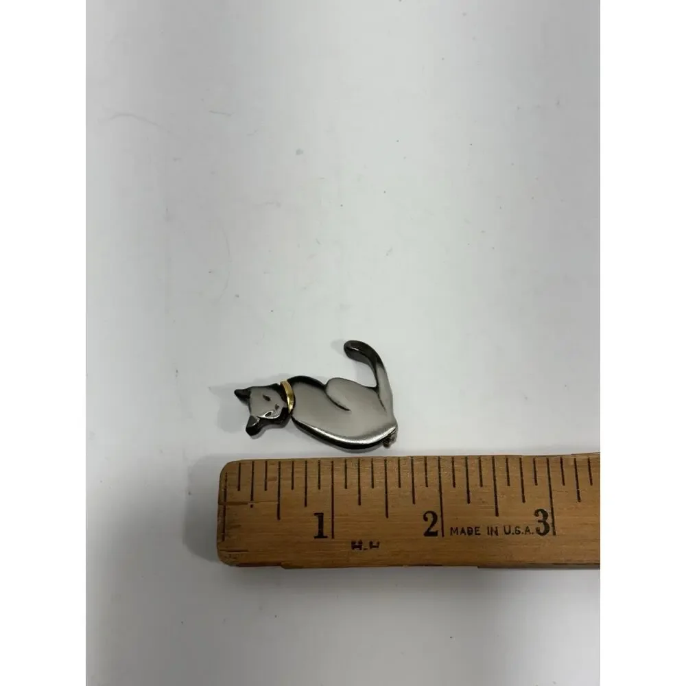 Shields Pewter Cat Kitty Kitten Brooch Pin Silver‎ Tone Gold Tone Collar Signed